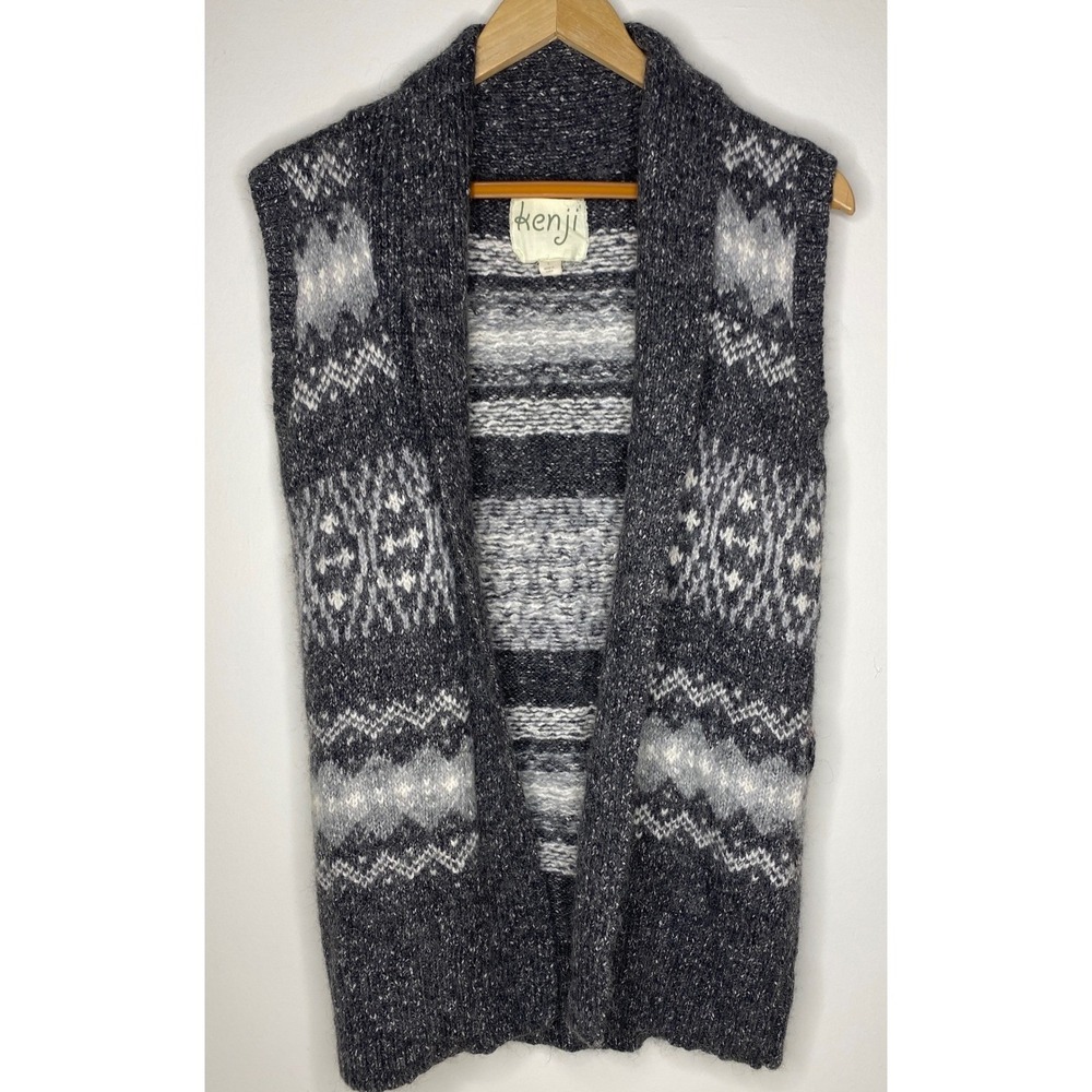 Kenji Women's Fair Isle Knit Long‎ Vest Cardigan Shawl Collar Multi Gray Size L